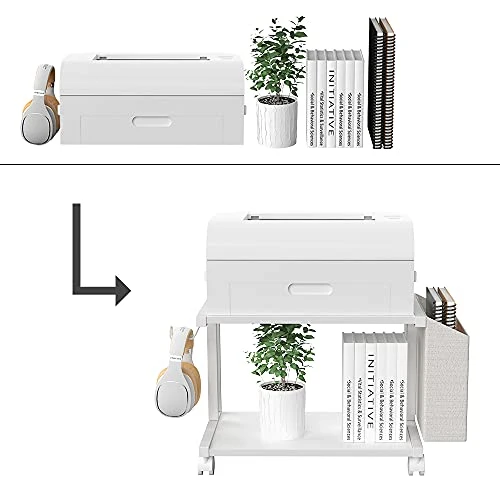 VEDECASA Moderner Druckerständer mit 2 Etagen, aus Holz, mit Aufbewahrungstasche, für Zuhause, Büro, Schreibtisch, Drucker, Tisch, Organizer, mobiles Druckerregal, Wagen mit Lenkrolle (weiß)