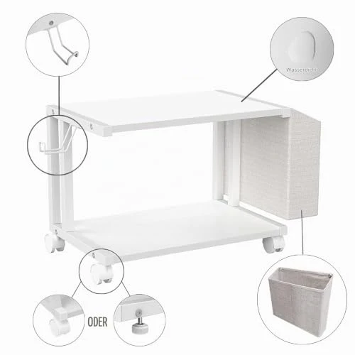 VEDECASA Moderner Druckerständer mit 2 Etagen, aus Holz, mit Aufbewahrungstasche, für Zuhause, Büro, Schreibtisch, Drucker, Tisch, Organizer, mobiles Druckerregal, Wagen mit Lenkrolle (weiß)