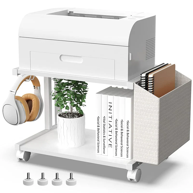 VEDECASA Moderner Druckerständer mit 2 Etagen, aus Holz, mit Aufbewahrungstasche, für Zuhause, Büro, Schreibtisch, Drucker, Tisch, Organizer, mobiles Druckerregal, Wagen mit Lenkrolle (weiß)