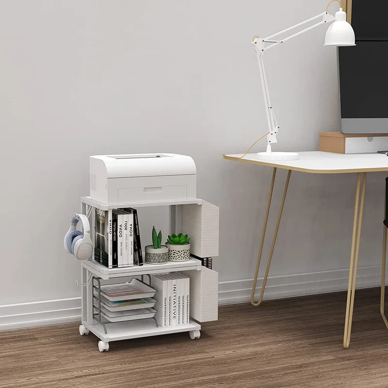 VEDECASA Moderner Druckerständer mit 2 Etagen, aus Holz, mit Aufbewahrungstasche, für Zuhause, Büro, Schreibtisch, Drucker, Tisch, Organizer, mobiles Druckerregal, Wagen mit Lenkrolle (weiß)