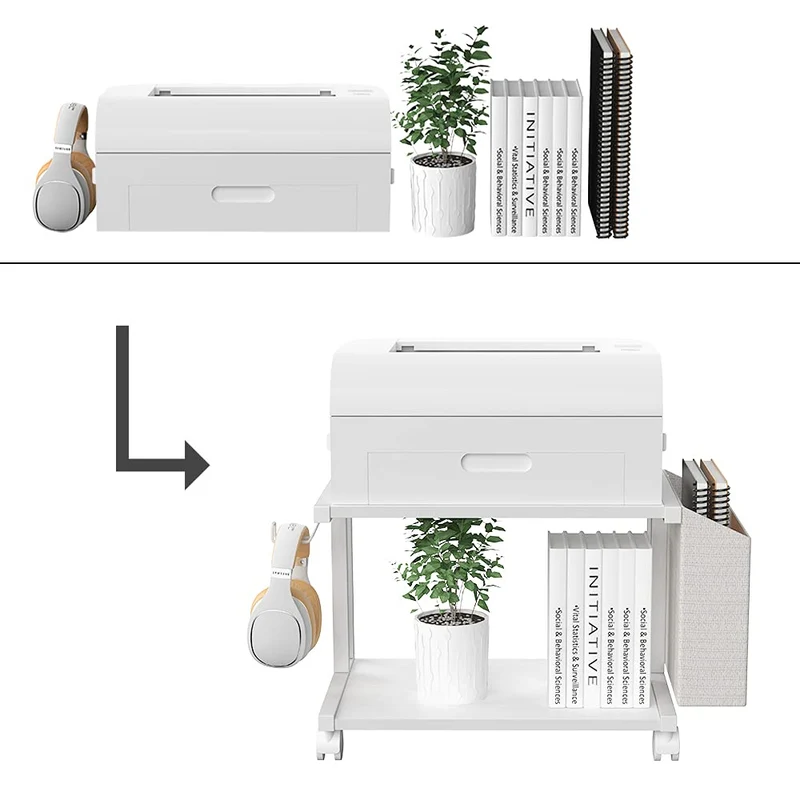 VEDECASA Moderner Druckerständer mit 2 Etagen, aus Holz, mit Aufbewahrungstasche, für Zuhause, Büro, Schreibtisch, Drucker, Tisch, Organizer, mobiles Druckerregal, Wagen mit Lenkrolle (weiß)