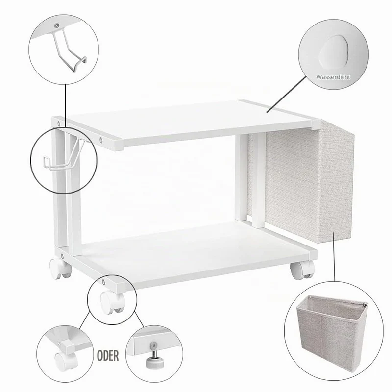 VEDECASA Moderner Druckerständer mit 2 Etagen, aus Holz, mit Aufbewahrungstasche, für Zuhause, Büro, Schreibtisch, Drucker, Tisch, Organizer, mobiles Druckerregal, Wagen mit Lenkrolle (weiß)