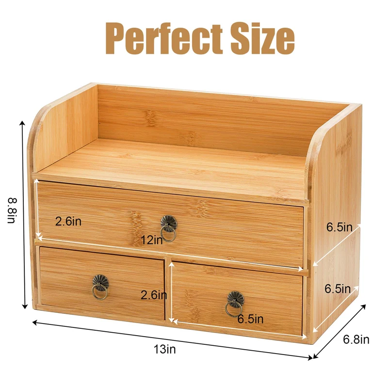 Nicunom Bambus 3-Ebenen Schreibtisch-Organizer mit 3 Schubladen, Multifunktionaler Schreibtisch-Speicher für Büro, Zuhause, Badezimmer