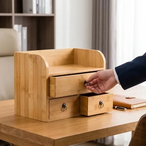 Nicunom Bambus 3-Ebenen Schreibtisch-Organizer mit 3 Schubladen, Multifunktionaler Schreibtisch-Speicher für Büro, Zuhause, Badezimmer
