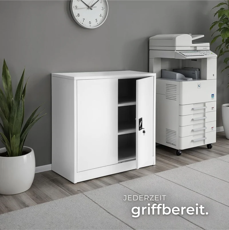 tectake® Aktenschrank abschließbar, Metallschrank mit Sicherheits-Zylinderschloss, Büroschrank abschließbar, Mehrzweckschrank aus Stahl, 3 höhenverstellbare Einlegeböden, 90 x 40 x 90 cm - grau