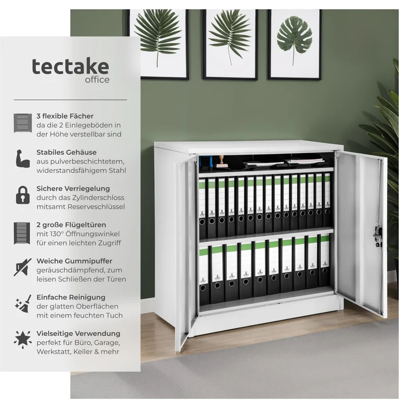 tectake® Aktenschrank abschließbar, Metallschrank mit Sicherheits-Zylinderschloss, Büroschrank abschließbar, Mehrzweckschrank aus Stahl, 3 höhenverstellbare Einlegeböden, 90 x 40 x 90 cm - grau