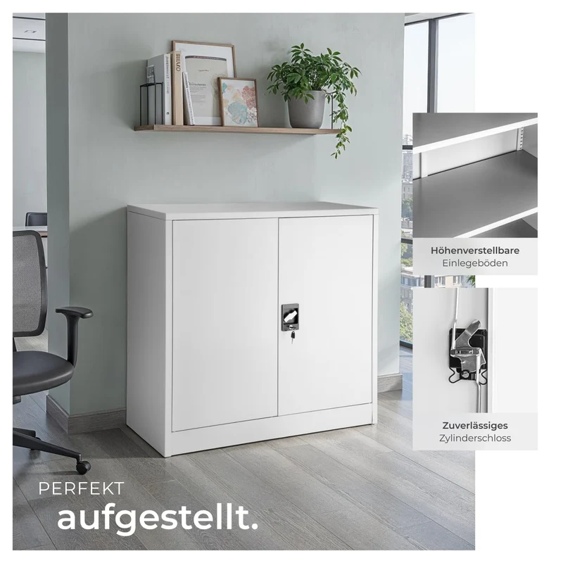 tectake® Aktenschrank abschließbar, Metallschrank mit Sicherheits-Zylinderschloss, Büroschrank abschließbar, Mehrzweckschrank aus Stahl, 3 höhenverstellbare Einlegeböden, 90 x 40 x 90 cm - grau