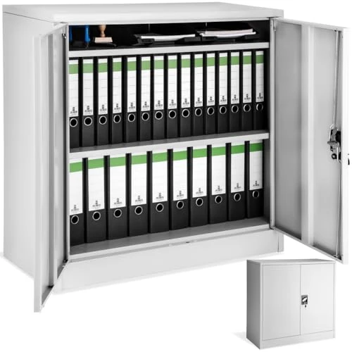 tectake® Aktenschrank abschließbar, Metallschrank mit Sicherheits-Zylinderschloss, Büroschrank abschließbar, Mehrzweckschrank aus Stahl, 3 höhenverstellbare Einlegeböden, 90 x 40 x 90 cm - grau