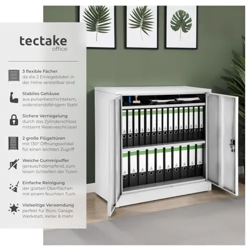 tectake® Aktenschrank abschließbar, Metallschrank mit Sicherheits-Zylinderschloss, Büroschrank abschließbar, Mehrzweckschrank aus Stahl, 3 höhenverstellbare Einlegeböden, 90 x 40 x 90 cm - grau