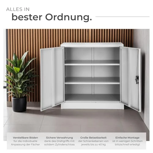 tectake® Aktenschrank abschließbar, Metallschrank mit Sicherheits-Zylinderschloss, Büroschrank abschließbar, Mehrzweckschrank aus Stahl, 3 höhenverstellbare Einlegeböden, 90 x 40 x 90 cm - grau