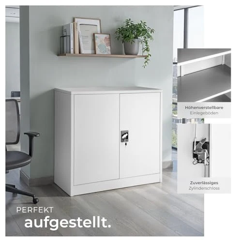 tectake® Aktenschrank abschließbar, Metallschrank mit Sicherheits-Zylinderschloss, Büroschrank abschließbar, Mehrzweckschrank aus Stahl, 3 höhenverstellbare Einlegeböden, 90 x 40 x 90 cm - grau