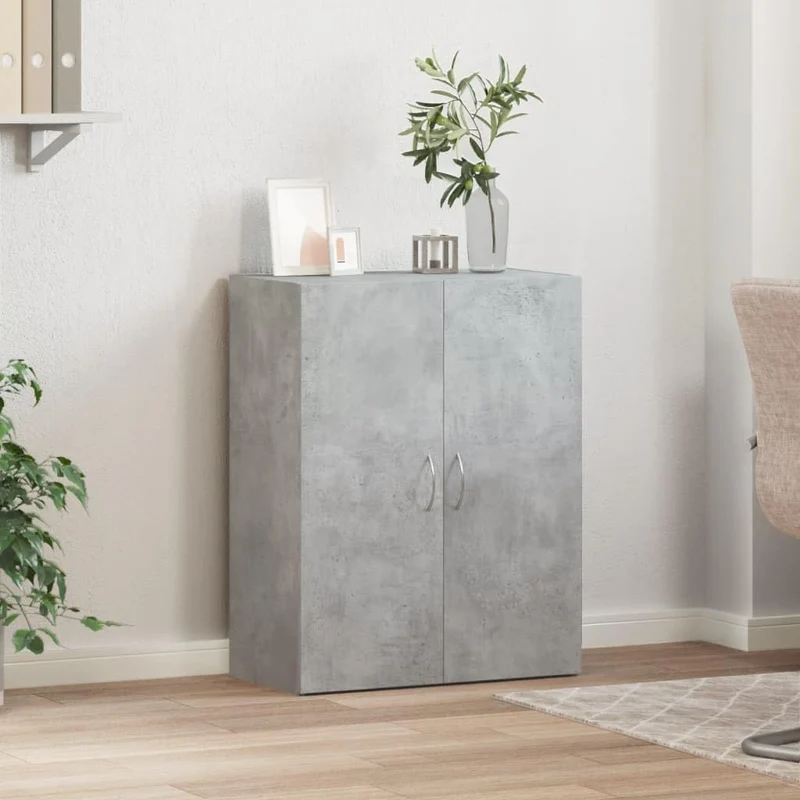 Aktenschrank Betongrau Holzwerkstoff 60x32x77,5 cm mit Zwei Türen für Büro und Homeoffice, Büroschrank mit viel Stauraum für Ordner, Dokumente und Aktenablage