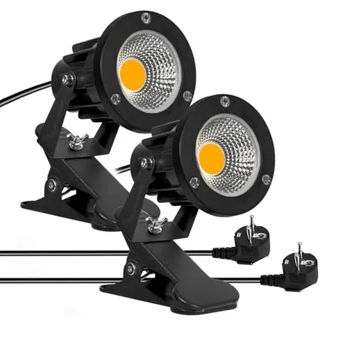 Milpoel COB LED Strahler mit Klemme, 7W, 3m Kabel, IP65 Wasserdicht, Außen- & Innenbeleuchtung (Warmweiß, 2)