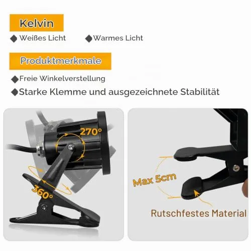 Milpoel COB LED Strahler mit Klemme, 7W, 3m Kabel, IP65 Wasserdicht, Außen- & Innenbeleuchtung (Warmweiß, 2)