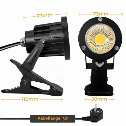 Milpoel COB LED Strahler mit Klemme, 7W, 3m Kabel, IP65 Wasserdicht, Außen- & Innenbeleuchtung (Warmweiß, 2)