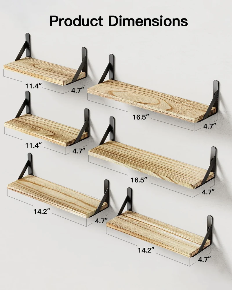 Pipishell Wandregal 6er-Set, Paulownia-Holz mit Metallhalterungen, Braun