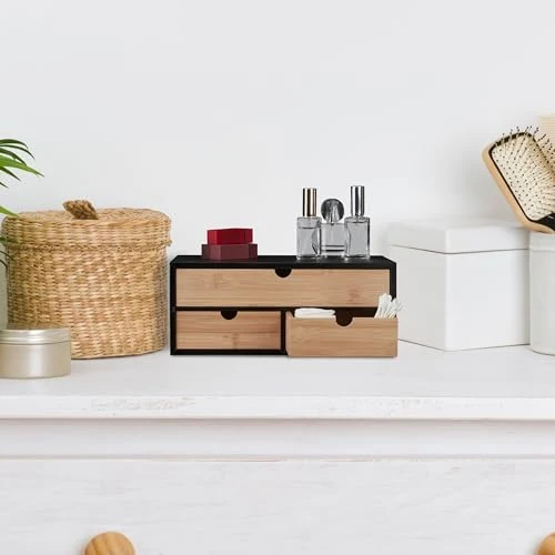 Relaxdays Schreibtisch Organizer, 3 Schubladen, Bambus & MDF, Schreibtischbutler Büro, HBT: 13,5x33x21 cm, Natur/schwarz