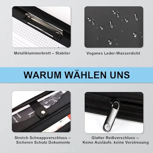 Leathario Schreibmappe A4 mit 5er Register DIN A4，Konferenzmappe mit 4 Ringbuch，Dokumentenmappe mit Reißverschluss, Klemmbrett,Blumenmuster,Ordner für Meeting, Business,Mappe für Schule, Uni