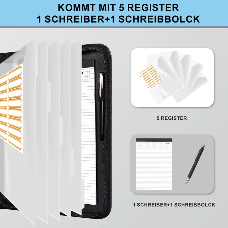 Leathario Schreibmappe A4 mit 5er Register DIN A4，Konferenzmappe mit 4 Ringbuch，Dokumentenmappe mit Reißverschluss, Klemmbrett,Blumenmuster,Ordner für Meeting, Business,Mappe für Schule, Uni