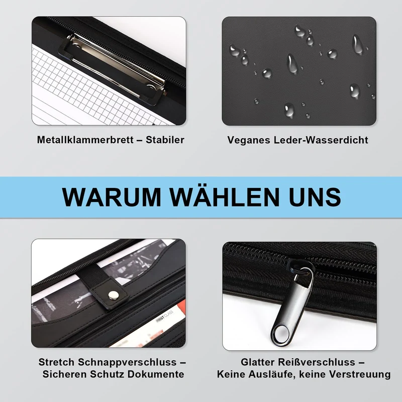 Leathario Schreibmappe A4 mit 5er Register DIN A4，Konferenzmappe mit 4 Ringbuch，Dokumentenmappe mit Reißverschluss, Klemmbrett,Blumenmuster,Ordner für Meeting, Business,Mappe für Schule, Uni