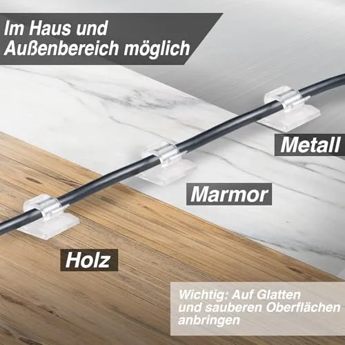 Kabelhalter selbstklebend, starker Kleber, 50 Stück, Indoor & Outdoor - Kabelclips für Kabelmanagement - Kabelklemmen & Kabelorganisator an allen Möbeln - Kabelbefestigung Lichterkette(transparent)