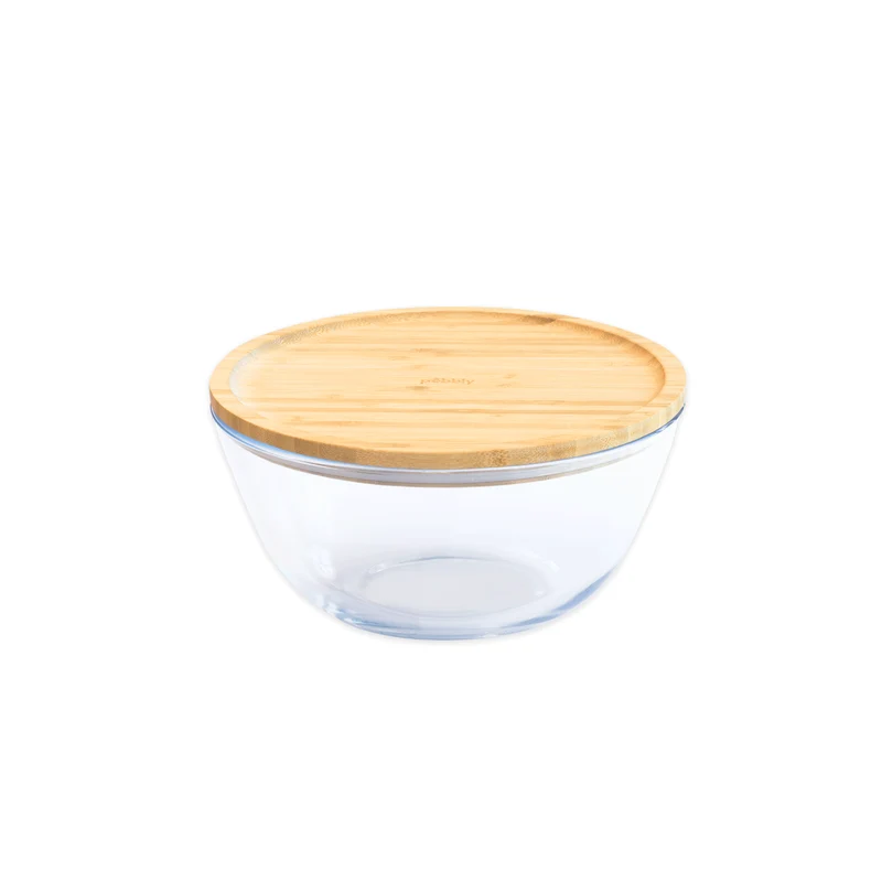 pebbly - Runde Glasschüssel mit Bambusdeckel -1600 ml