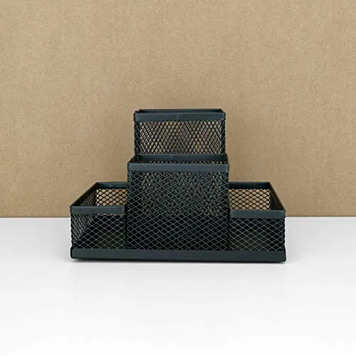 D.RECT Stiftehalter Schreibtisch - Büro Organizer aus Metall - Tisch Organizer, Schreibtischorganizer - Büroablage mit Zettelhalter Mesh, 103x154x103mm Schwarz
