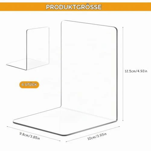 6 Stück Buchstütze Acryl Buchstützen für Regale, Transparente Buchhalter, Klarer Buchständer Bücherstützen, Book Ends Bookends für Schlafzimmer Büro Bibliothek Schule Zubehör Dekoration
