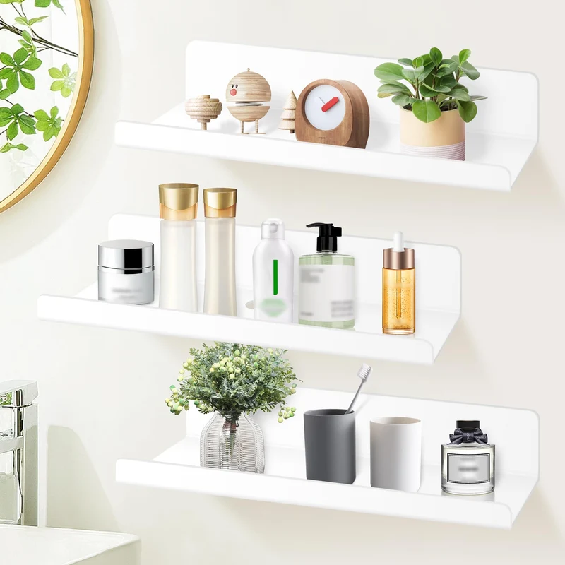 SHEPIN 3er Set Wandregal Ohne Bohren Weiß Schweberegal, 30cm Regal Ohne Bohren aus Acryl Badezimmer Regal Zum Kleben, Wall Shelf Bilderleiste Bücherregal Kleberegal Bad Selbstklebend