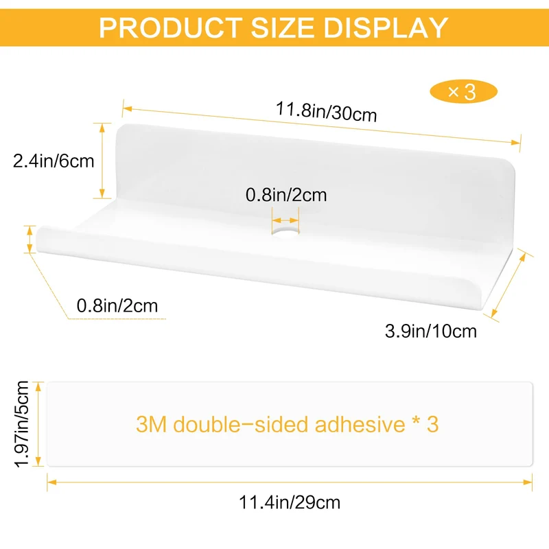 SHEPIN 3er Set Wandregal Ohne Bohren Weiß Schweberegal, 30cm Regal Ohne Bohren aus Acryl Badezimmer Regal Zum Kleben, Wall Shelf Bilderleiste Bücherregal Kleberegal Bad Selbstklebend