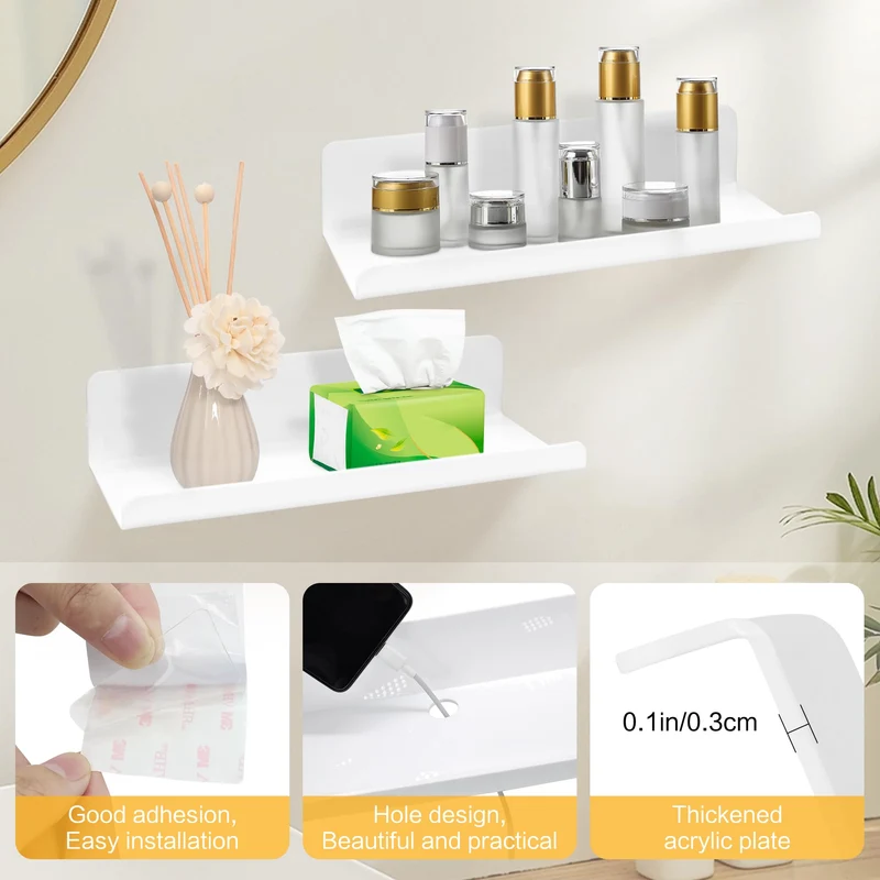 SHEPIN 3er Set Wandregal Ohne Bohren Weiß Schweberegal, 30cm Regal Ohne Bohren aus Acryl Badezimmer Regal Zum Kleben, Wall Shelf Bilderleiste Bücherregal Kleberegal Bad Selbstklebend
