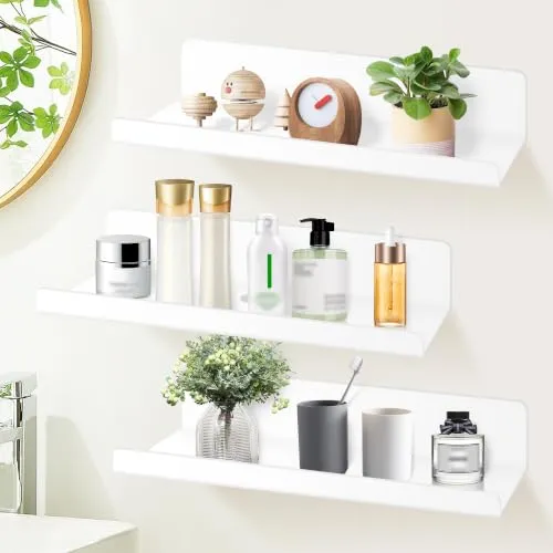 SHEPIN 3er Set Wandregal Ohne Bohren Weiß Schweberegal, 30cm Regal Ohne Bohren aus Acryl Badezimmer Regal Zum Kleben, Wall Shelf Bilderleiste Bücherregal Kleberegal Bad Selbstklebend