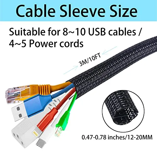 Josnown Selbstschließend Kabelkanal, 3m Zuschneidba Kabelschlauch Gewebter Kabelmantel, Durchmesser 12-20mm, Kabelmanagement für Hause und im Büro Verstecken im Schreibtisch, TV, Boden, Schwarz