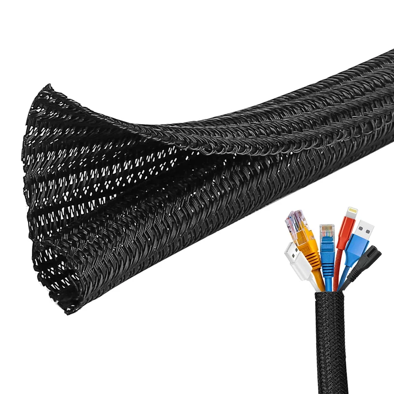 Josnown Selbstschließend Kabelkanal, 3m Zuschneidba Kabelschlauch Gewebter Kabelmantel, Durchmesser 12-20mm, Kabelmanagement für Hause und im Büro Verstecken im Schreibtisch, TV, Boden, Schwarz