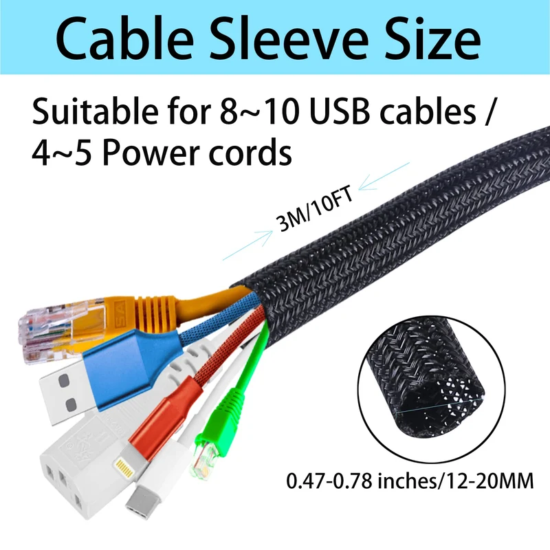 Josnown Selbstschließend Kabelkanal, 3m Zuschneidba Kabelschlauch Gewebter Kabelmantel, Durchmesser 12-20mm, Kabelmanagement für Hause und im Büro Verstecken im Schreibtisch, TV, Boden, Schwarz