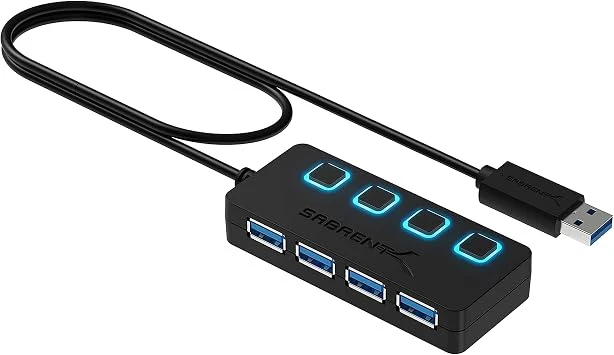 SABRENT USB Hub 3.2 Gen 1 mit Schaltern – 4 Port USB Verteiler mit LED Anzeige, 68CM Kabel, 5Gbps – USB Splitter für MacBook, iMac, Surface, Dell, PC, Laptop, PS5 – Plug & Play ohne Netzteil (HB-UM43)