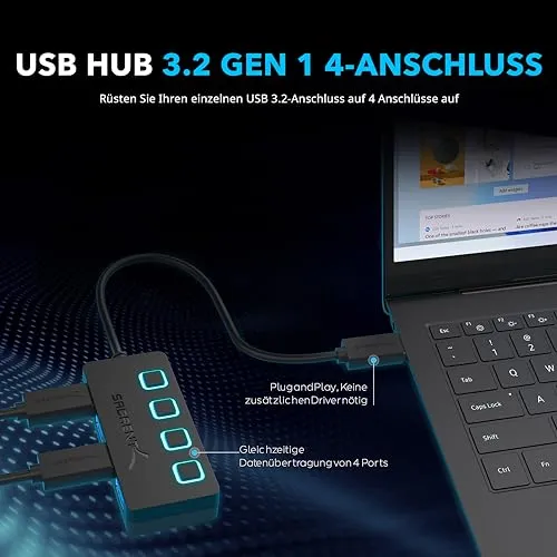 SABRENT USB Hub 3.2 Gen 1 mit Schaltern – 4 Port USB Verteiler mit LED Anzeige, 68CM Kabel, 5Gbps – USB Splitter für MacBook, iMac, Surface, Dell, PC, Laptop, PS5 – Plug & Play ohne Netzteil (HB-UM43)