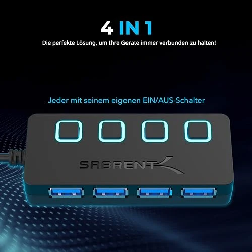 SABRENT USB Hub 3.2 Gen 1 mit Schaltern – 4 Port USB Verteiler mit LED Anzeige, 68CM Kabel, 5Gbps – USB Splitter für MacBook, iMac, Surface, Dell, PC, Laptop, PS5 – Plug & Play ohne Netzteil (HB-UM43)