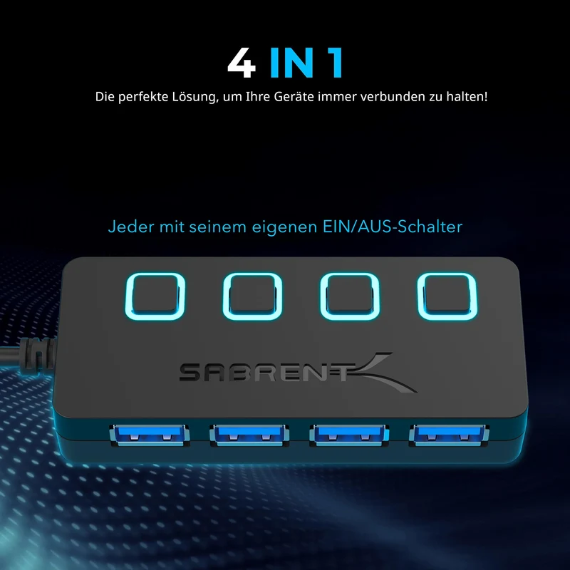 SABRENT USB Hub 3.2 Gen 1 mit Schaltern – 4 Port USB Verteiler mit LED Anzeige, 68CM Kabel, 5Gbps – USB Splitter für MacBook, iMac, Surface, Dell, PC, Laptop, PS5 – Plug & Play ohne Netzteil (HB-UM43)