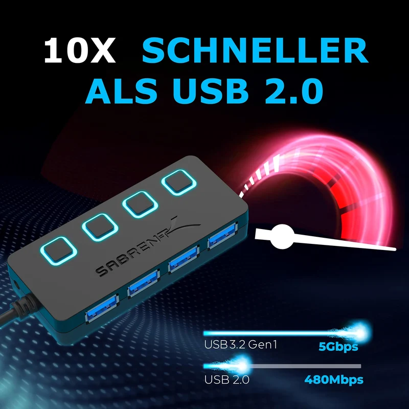 SABRENT USB Hub 3.2 Gen 1 mit Schaltern – 4 Port USB Verteiler mit LED Anzeige, 68CM Kabel, 5Gbps – USB Splitter für MacBook, iMac, Surface, Dell, PC, Laptop, PS5 – Plug & Play ohne Netzteil (HB-UM43)