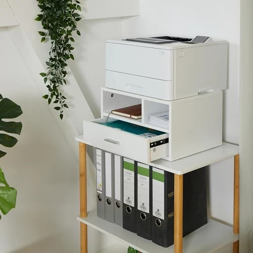 Relaxdays Druckerständer mit Schublade & 2 Fächern, Schreibtisch Regal für Drucker, Druckerhalter, HBT 22x40x30 cm, weiß