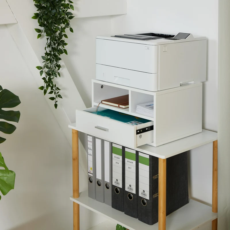 Relaxdays Druckerständer mit Schublade & 2 Fächern, Schreibtisch Regal für Drucker, Druckerhalter, HBT 22x40x30 cm, weiß