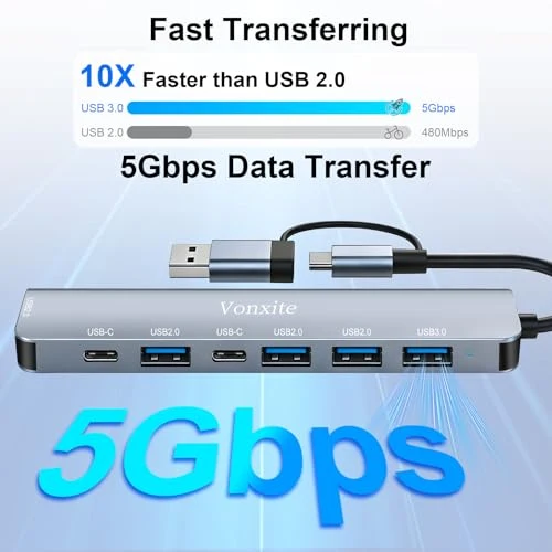 USB Hub 3.0, 7 in 1 USB C Hub Multiport Adapter mit 1*USB 3.0, 4*USB 2.0, 2*USB-C, 5 Gbit/s Hochgeschwindigkeit, USB C Splitter aus Aluminium für MacBook/Surface/XPS/PC/PS5/PS4/Laptops/Tablet etc.