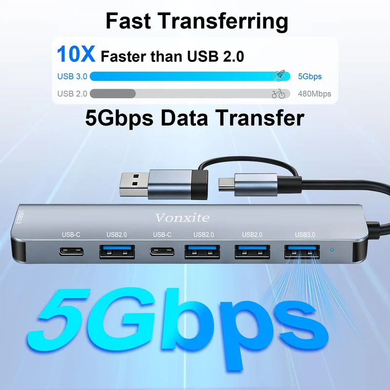 USB Hub 3.0, 7 in 1 USB C Hub Multiport Adapter mit 1*USB 3.0, 4*USB 2.0, 2*USB-C, 5 Gbit/s Hochgeschwindigkeit, USB C Splitter aus Aluminium für MacBook/Surface/XPS/PC/PS5/PS4/Laptops/Tablet etc.