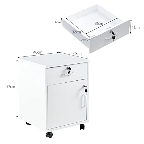 CLIPOP Abschließbarer Rollcontainer, 1 Schublade + Fach, 40 * 40 * 57 cm