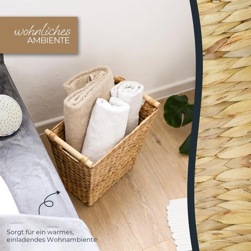 HMF Papierkorb Büro, trapezförmiger Aufbewahrungskorb mit Holzgriffen geflochten aus Wasserhyazinthe, 36 x 19 x 33 cm, Naturfarben