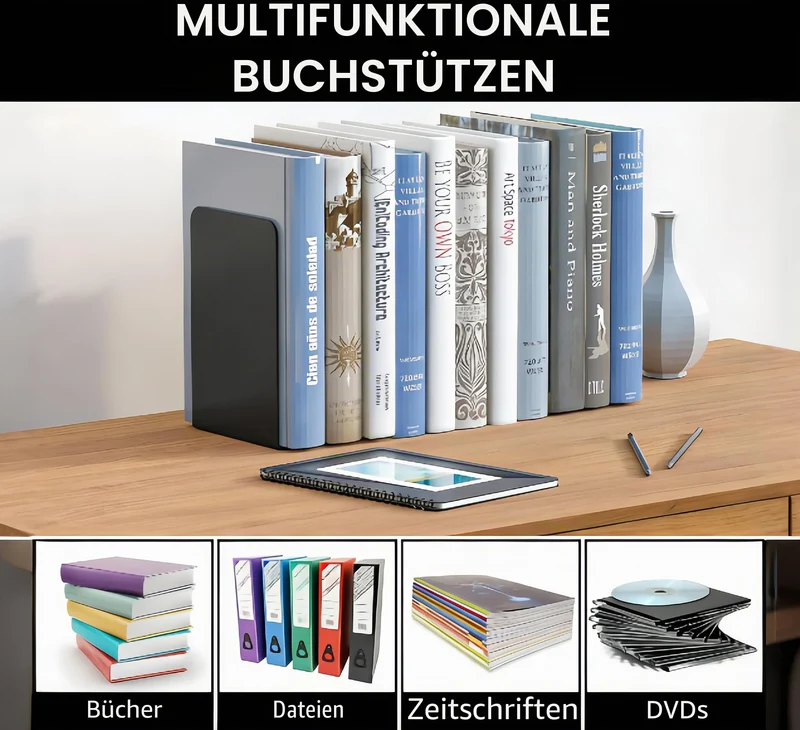 6 Stück Buchstütze, 20.5x13.5x9.3cm, Buchstützen aus Metall, Schwere Buchstütze für Büro Schule Zuhause Bibliothek