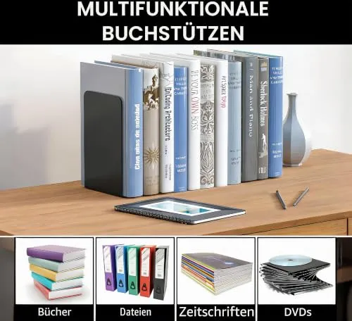 6 Stück Buchstütze, 20.5x13.5x9.3cm, Buchstützen aus Metall, Schwere Buchstütze für Büro Schule Zuhause Bibliothek