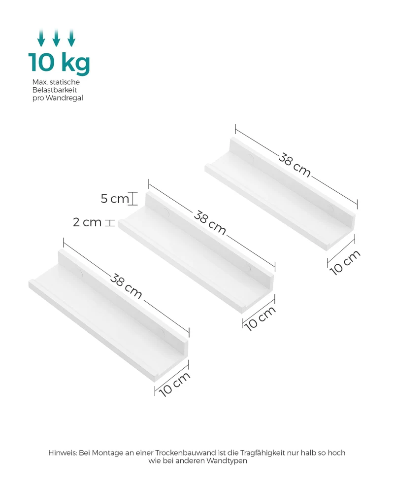 SONGMICS Wandregal, Schweberegal, 3er Set, 10 x 38 cm