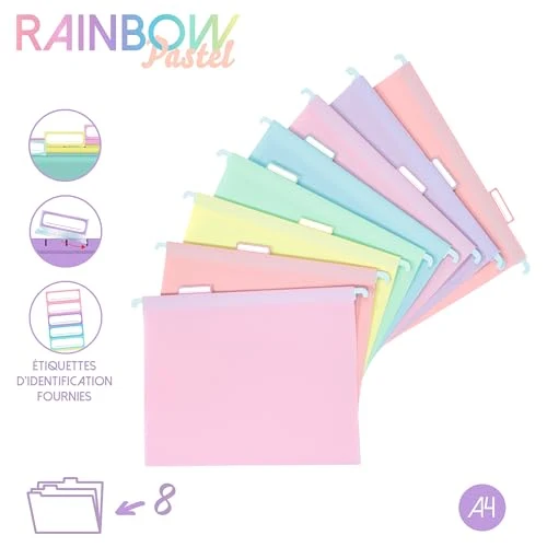 Viquel - Set mit 8 Hängemappen aus Kunststoff Rainbow Pastel – Pastellfarben – robuster Kunststoff – Registerkarte zur Identifizierung – 5 Farben sortiert